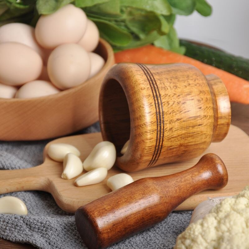 Bonsde Knoflook Jar Mortel Oude Mode Houten Grinder Ronde Glad Hand Gepolijst Stamper Set Voor Grind Kruiden Kruiden Korrels Peper