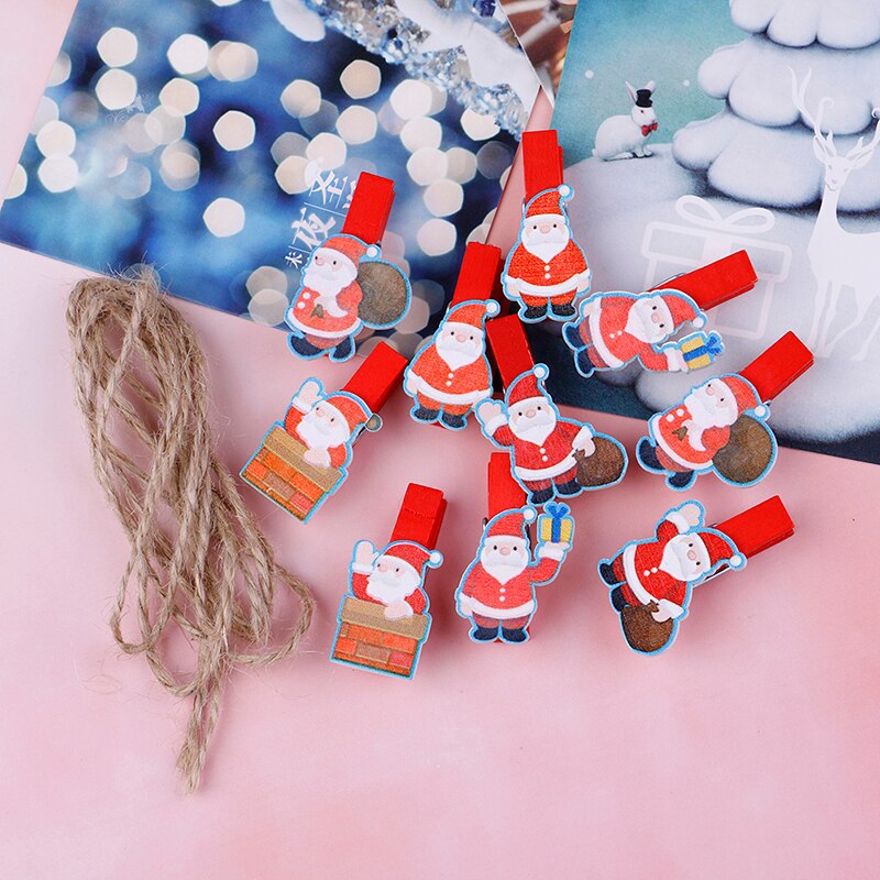 10Pcs/set Red Christmas Santa Claus Wood Clips Mini Wooden Clothes Photo Paper Peg Pin Clothespin Craft Clips With Rope: 4