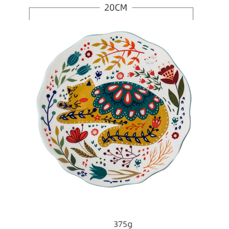 8inch Hand-painted Cat Dinner Plate Under-glazed Ceramic Dish Dessert Tray Flower Kitten Microwave Dinnerware YHJ021201: F