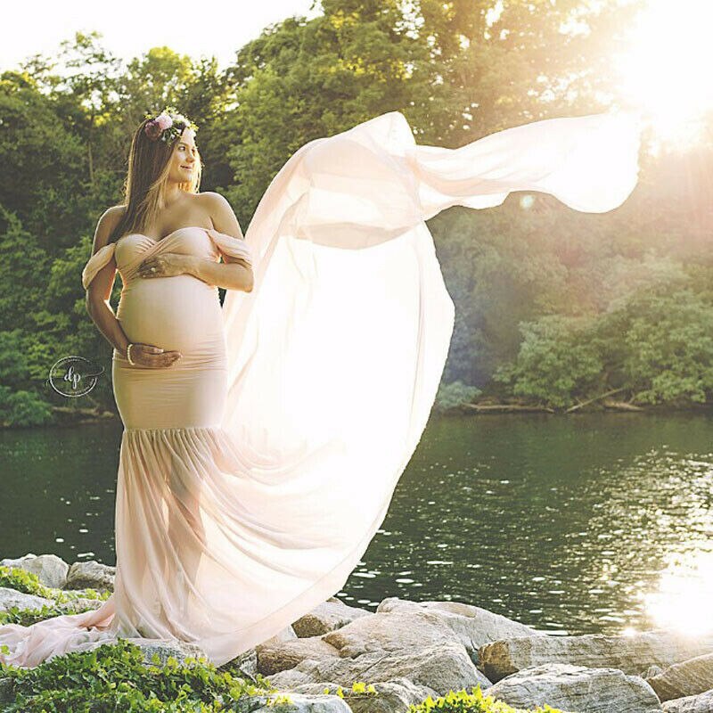 Kvinders graviditet blonde kjole gravid fotografering rekvisitter maxi fotoshoot kjole