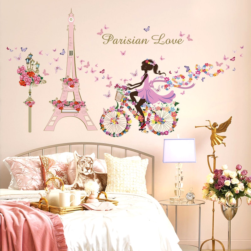 Mooie Bloem Fee Meisje Bike Eiffeltoren LIEFDE Vlinder Home Decor Muursticker Meisjes Baby Kinderkamer Decoratie Muurschilderingen