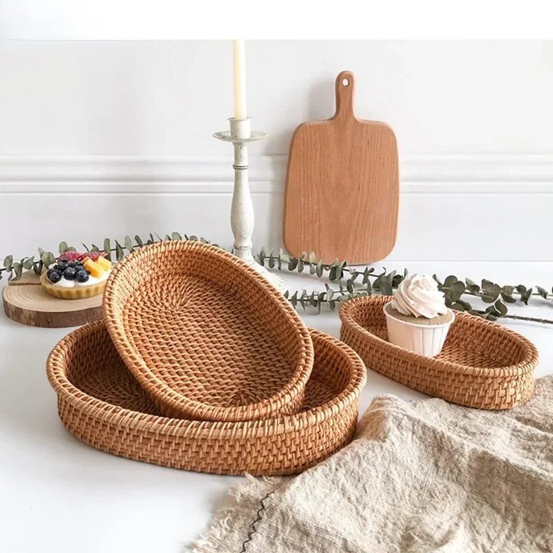 Handgeweven ronde rotan rieten mand Fruit Thee Snack Brood Picknickbak Snacks Opbergdoos Keukenbenodigdheden Mand Fruitschaal