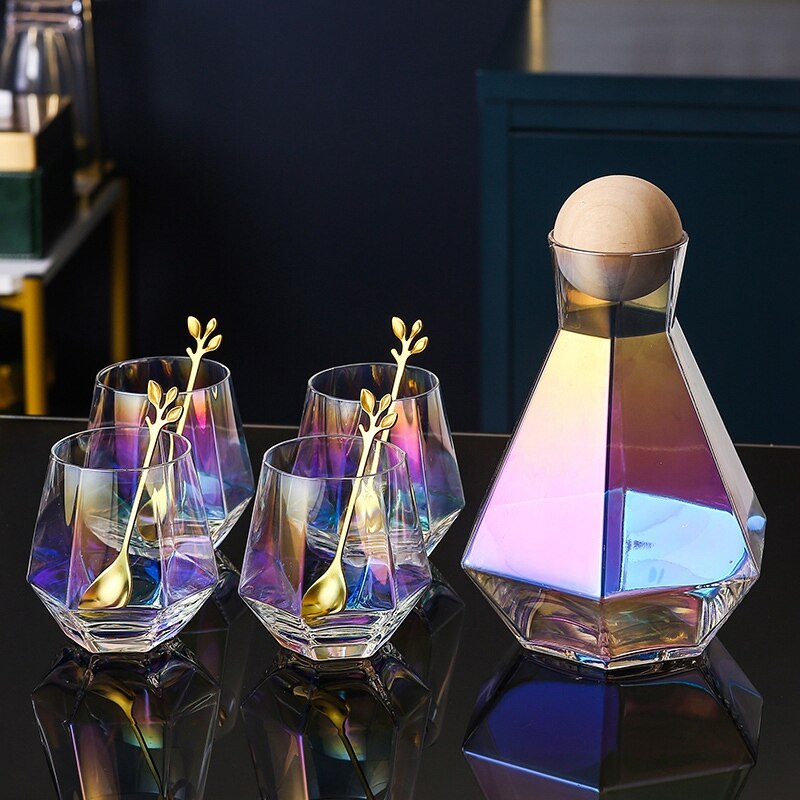 Diamond Whiskey Glazen Sets Waterkoker Met Hout Bal Deksel Duidelijk Kruik Voor Sap Cocktail Wijn Glazen Set: Dazzle Color