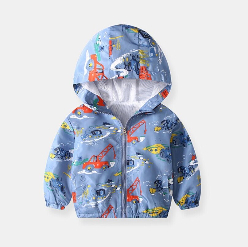 Kids Baby Meisjes Jongens Jas Cartoon Graafmachine Print Lange Mouwen Hooded Jas Outdoor Jas Voor Meisjes Jongens Blauw