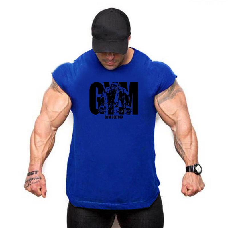 Sommargymmärke för män, bodybuilding och fitness, stringer-linne, sportväst, muskel-ärmlös tröja, träningslinnen: L / Guld-
