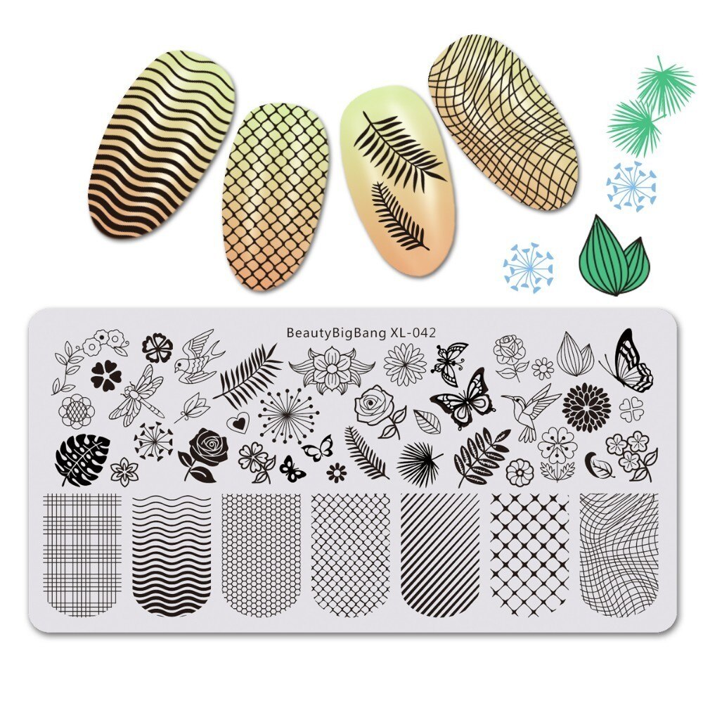 Beautybigbang Nail Art Stamping Plate Stainless Steel 12cm Butterfly Flower Plaid Bird Image Nail Stamping Template Mold XL-042