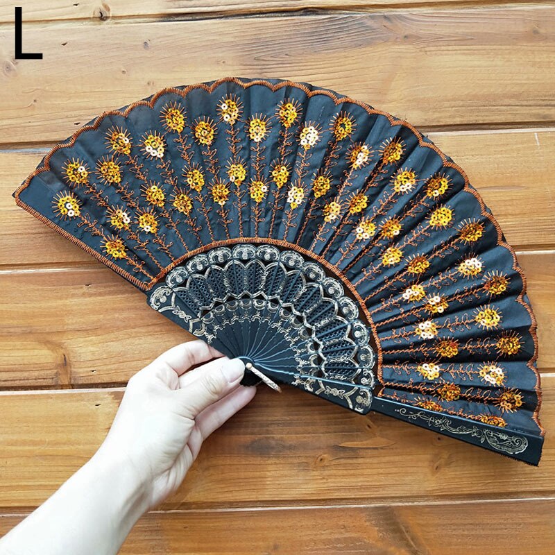 Art Fan Folding Tail Feather Plastic Bone Sequins Carved Hand Fan Summer Accessory Crafts Print Home Decor Embroidery: L