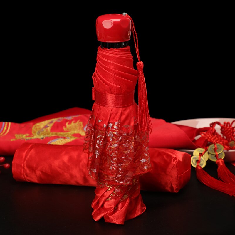 Wedding Folding Umbrella Rain Woman&#39;s Red Umbrellas Wedding Bride Romantic Folding Umbrella Bride Female Lace Paragua