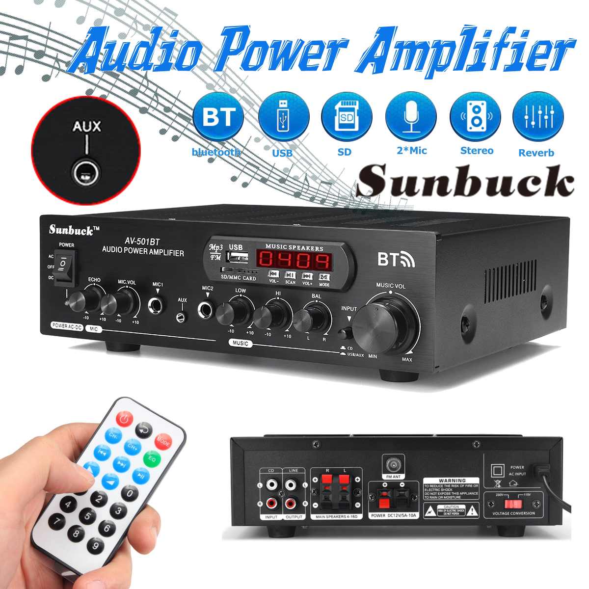 1200W 12V/110V-220V Home Car bluetooth Power Amplifier With Remote Control HiFi Stereo Digital AMP 2x Mic AUX USB SD Card Input