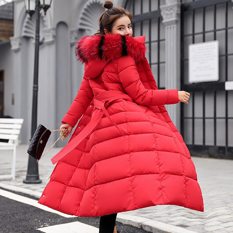 chaquetas de mujer x-long delgada mujer chaqueta de invierno algodón acolchado cálido grueso señoras abrigo abrigos largos Parka: red / Asian XL