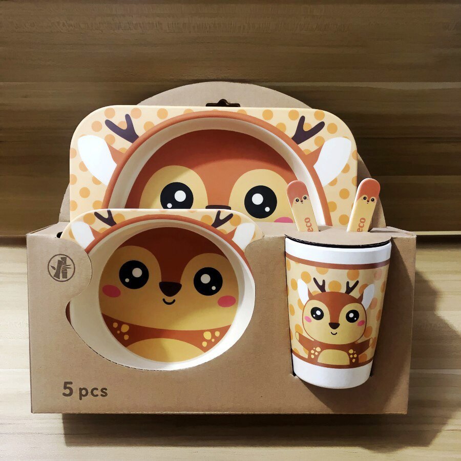 Bamboo Fiber Children&#39;s Tableware Set Baby Cartoon Rice Bowl Fork Spoon Children&#39;s Meal Partitioned Baby Dinner Plate: 18
