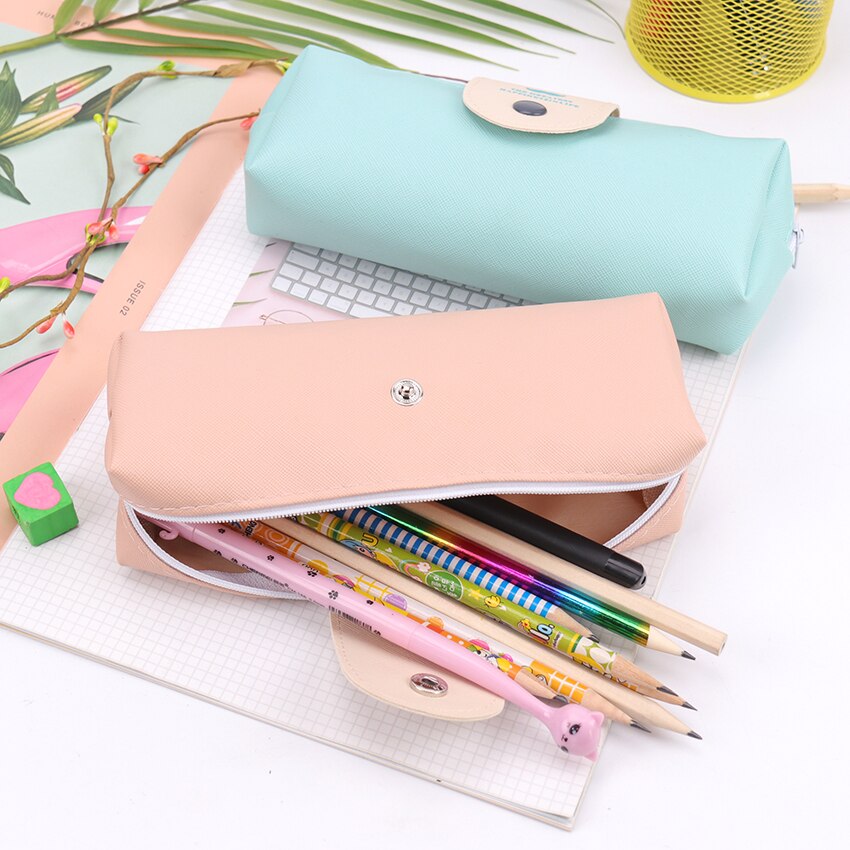 Estuche de lápices de Color de caramelo coreano, estuche Escolar impermeable de cuero Pu para niña, material de papelería Escolar, suministros escolares, 1 ud.