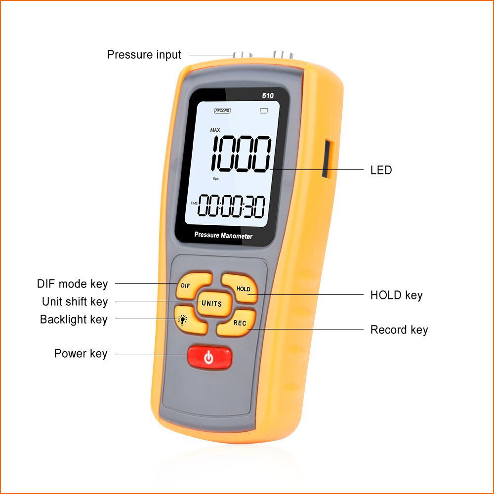 RZ Pressure Gauge Manometer Handheld Pressure Differential Tester Range 10KPa USB Portable Digital Manometer Pressure Meter