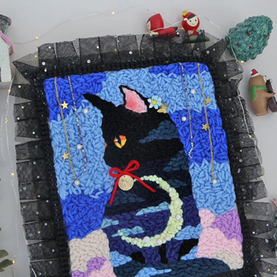 Bricolage tricot laine tapis Kit d'accrochage artisanat laine broderie cadre en bois piquer aiguille support lumière chaîne-chat forêt