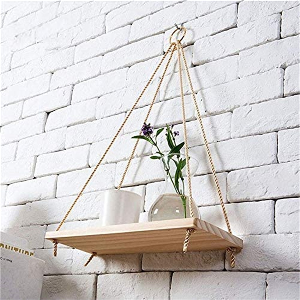 Columpio de madera de primera , cuerda colgante montada en la pared, estantes flotantes, maceta de flores para plantas, decoración interior y exterior, simple