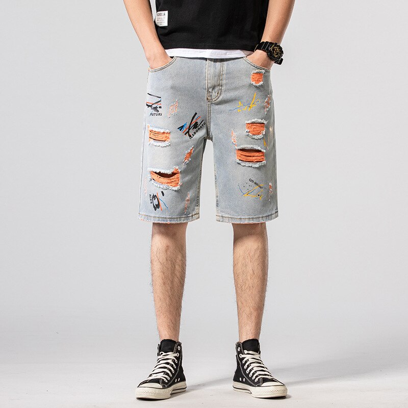 Lato bawełna z dziurami, dżinsowe szorty męskie porwane jeansy Retro jeansy męskie spodenki bermudy deskorolka Harem mężczyzna Jogger do kostek: D26 / 36