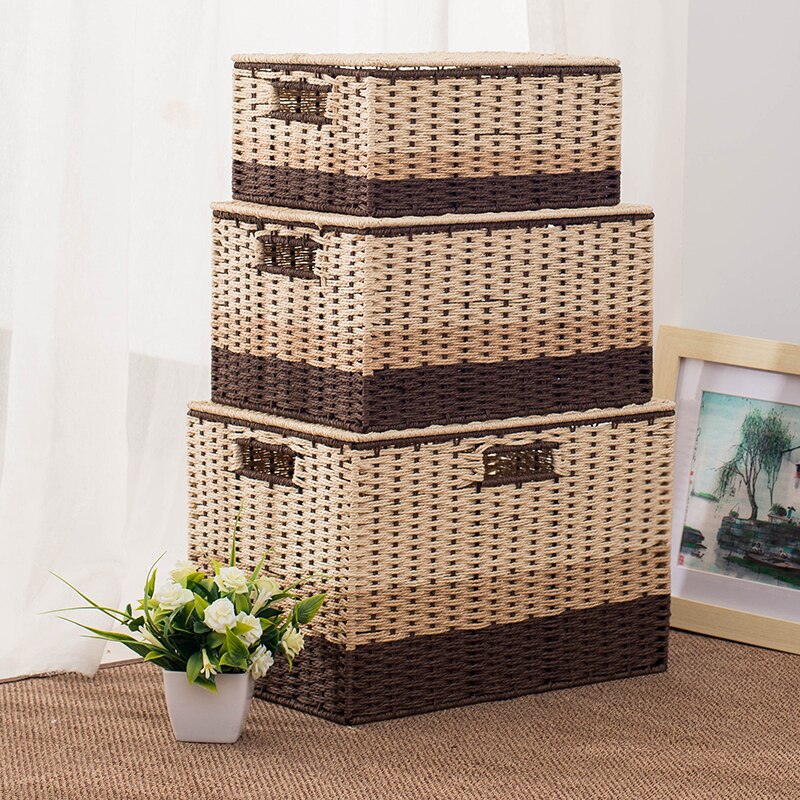 Desktop pastoral storage box with cover box sundry storage box paper rattan woven snacks toys clothing rearrangement basket