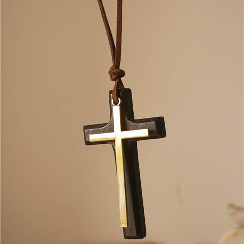 Vintage sort brun kors vedhæng halskæde til mænd kvinde træ krucifiks bøn kristne religiøse halskæder mandlige smykker: C-sort