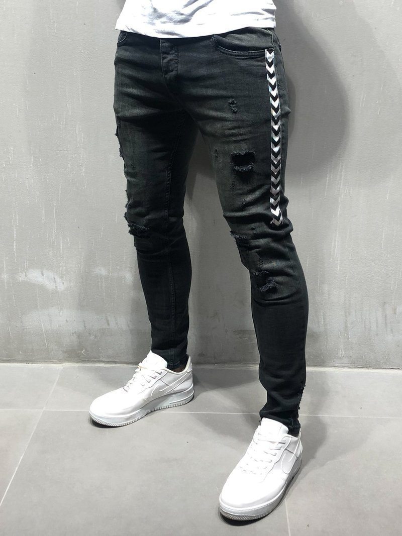 Zwarte High Street Bekrast Ripped Jeans Mannen Slim Casual Stretch Broek Groot Formaat Mannen Jeans