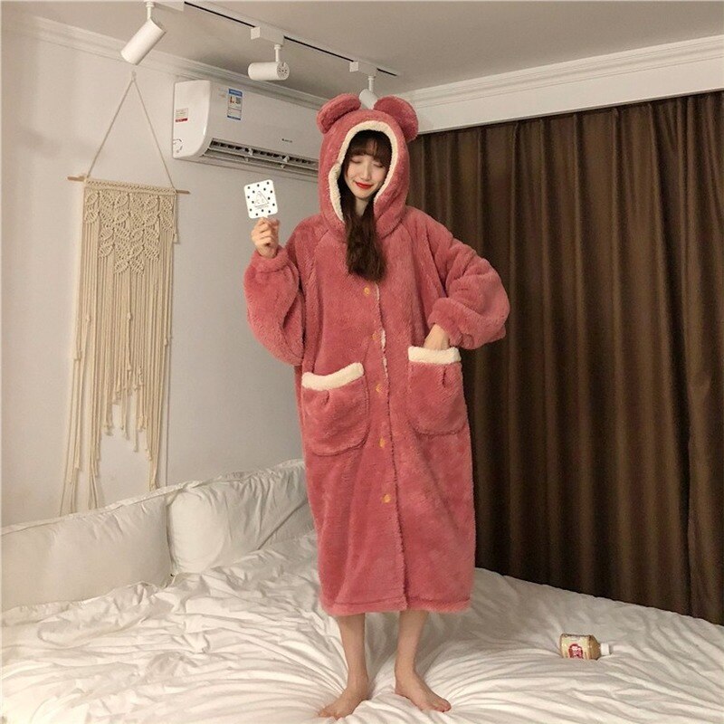 Autumn and Winter Onesie Women Girlfriends Cute Hooded Nightgown Sweet Romper: Nightgown A