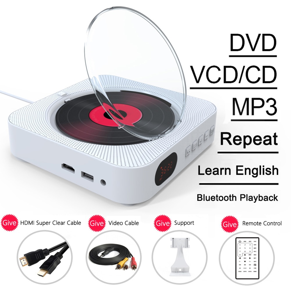 Bluetooth Wall-mounted CD Player Stereo Audio Early Learning Speaker Wireless Remote Control CD/DVD Mp3 FM Radio HiFi Speaker