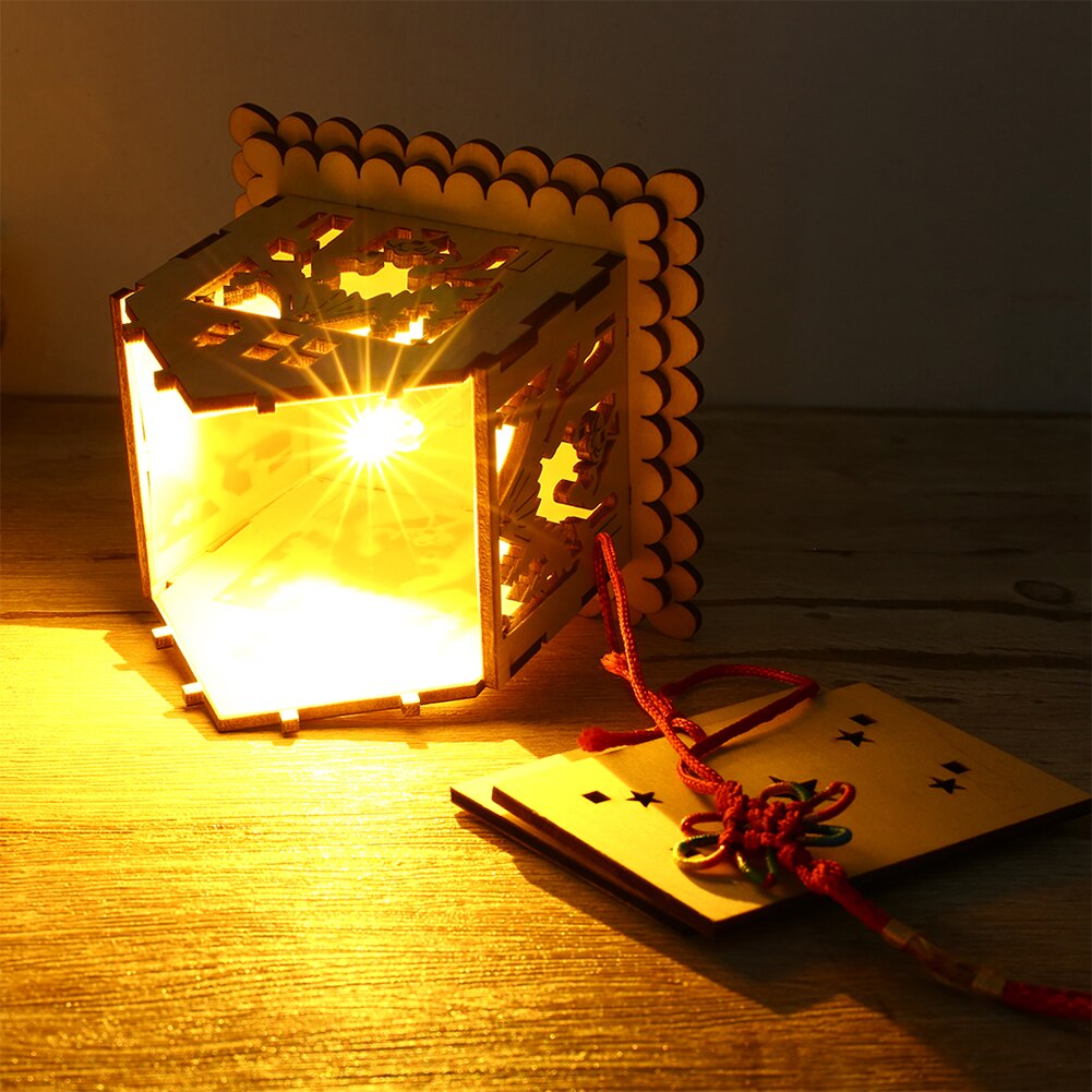 DIY Assemble Craft Wooden Lantern Chinese Knot Lamp Vintage Hanging LED Light Party Supplies Handmade Festival House Shaped