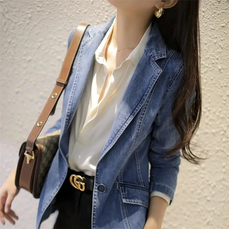 Dames Denim Blazer - Casual Jasje - Effen Patroon - Slim Fit - Polyester Katoen Mix