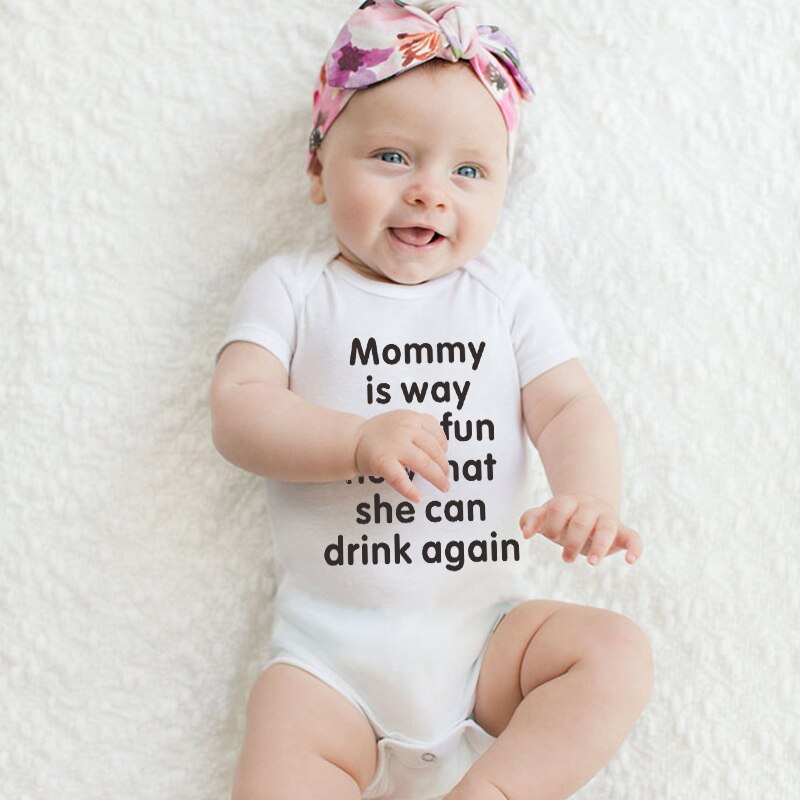 Newborn Baby Boy Girl Short Sleeve Romper Letter Print Mommy Is Way More Fun Drink Cotton Baby Clothes Summer Baby Clothing