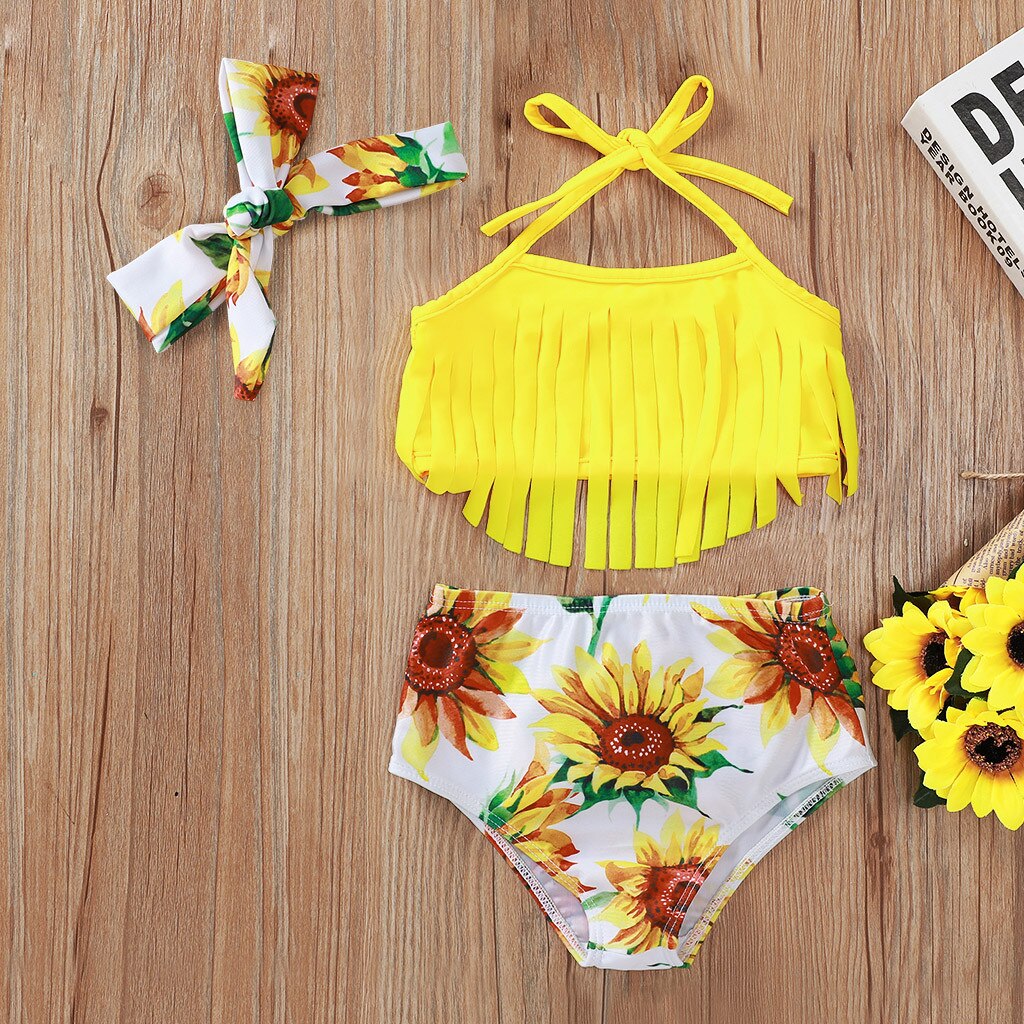 Sunflower Print Bikini Set Swimwear Kids Kids Baby Girls Tassel High Waist Bathing Suit Swimsuit Summer Bikini Outfits Swim