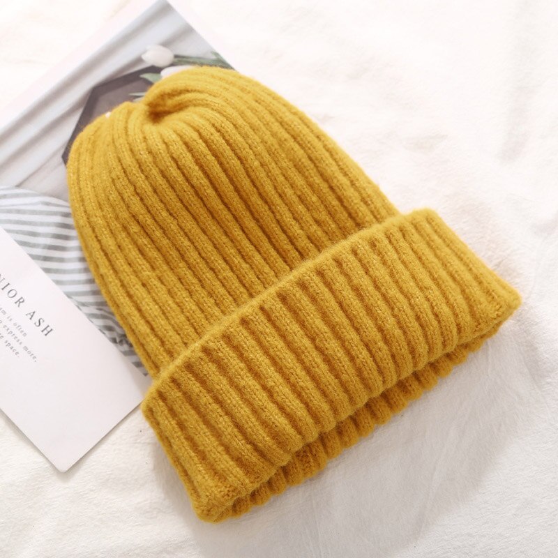 Bonnet tricoté à la pour femme, bonnet doux, épais et , collection hiver: Yellow