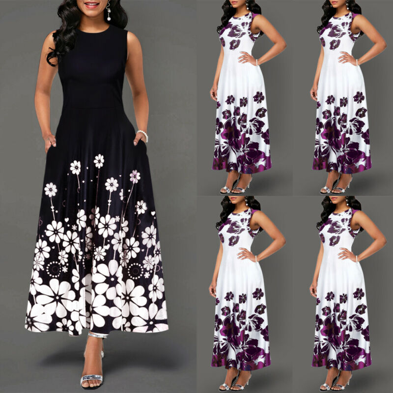 Dames boho bloemen lange vintage maxi-jurk avondfeest strand tuniek mouwloze jurk zomer