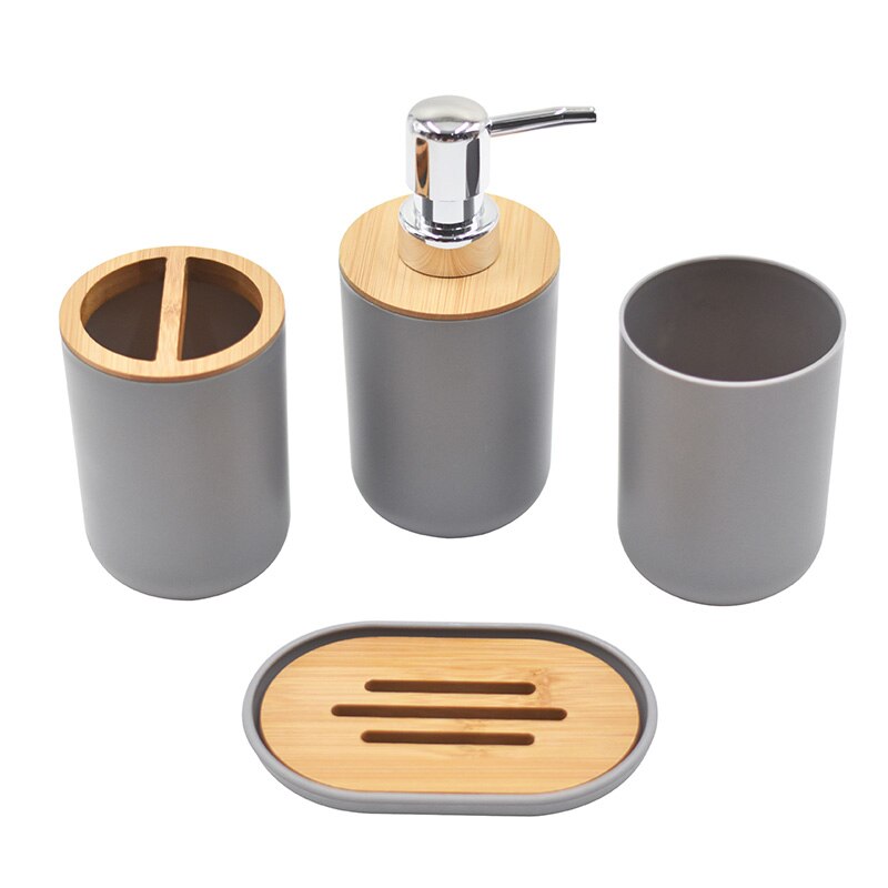 Bamboe Badkamer Accessoires Set Plastic Badkamer Kit Zeep Dispenser, Tandenborstel Beker, Zeepbakje, Toiletborstel Houder, prullenbak: Gray 4pcs A