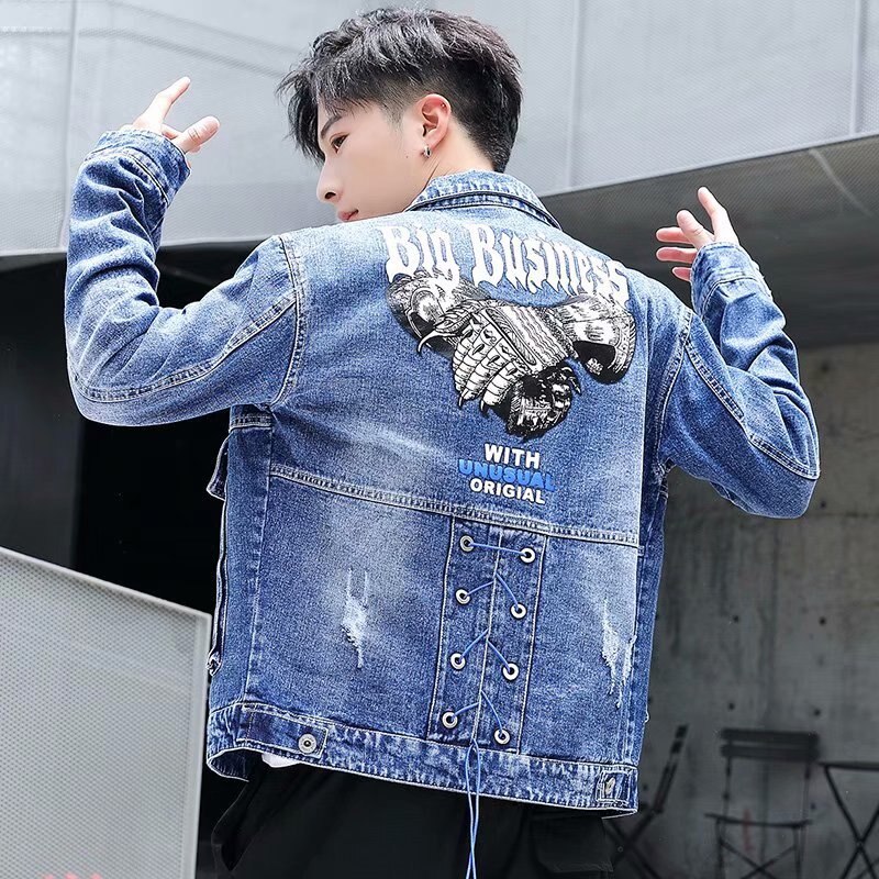 "man jakke vintage retro stil hip hop denim jakke hul streetwear jakker knap man jakke lomme man tøj": 01 / Xxl