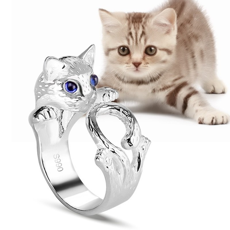 Anillo de gato lindo Ojo Azul Gato Anillo de dedo de piedras preciosas chapadas en plata de joyería Anillos de únicos Anillos de apertura punk ajustables