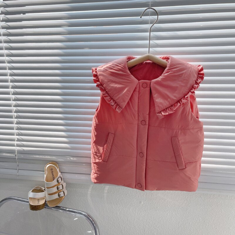Nuovo autunno inverno neonate gilet imbottito in cotone collo con volant tinta unita stile coreano bambini gilet dolci per bambini: Colore rosa / 3T