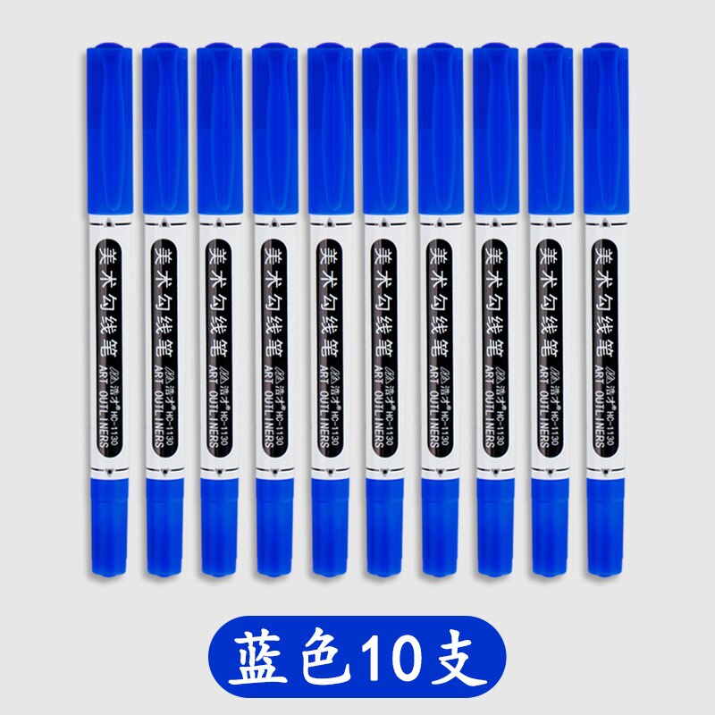 10pcs Line Drawing Pen Double Headed Oily Big Head Black Thick Pen Non Fading Marking Pen Art Pen Black Students: 10pcs blue pen