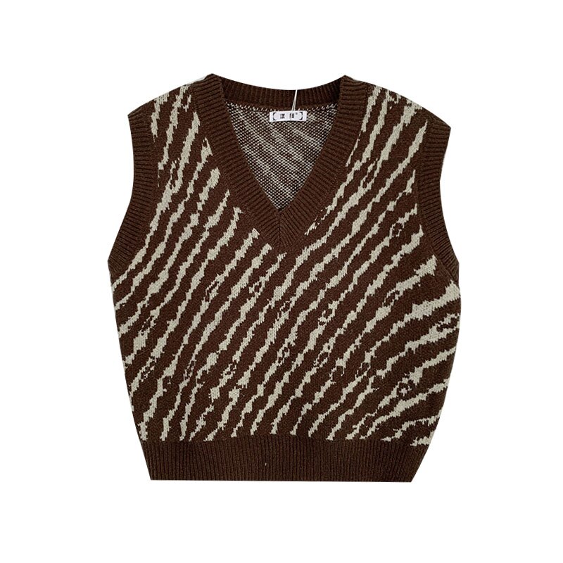 Impressão da zebra do vintage camisola de malha colete feminino faculdade meninas moda sem mangas com decote em v casual regata 2020 outono novo design
