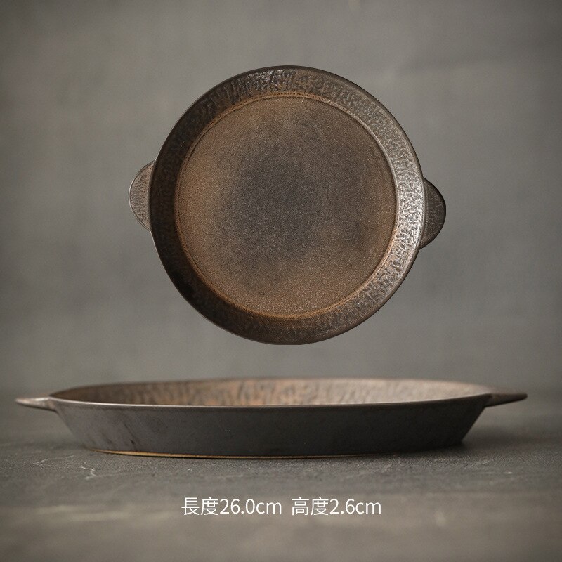 Japanese Retro Ceramic Tableware Rough Pottery Pasta Shallow Plate Binaural Steak Plate Home Salad Cooking Western Plate: A big size