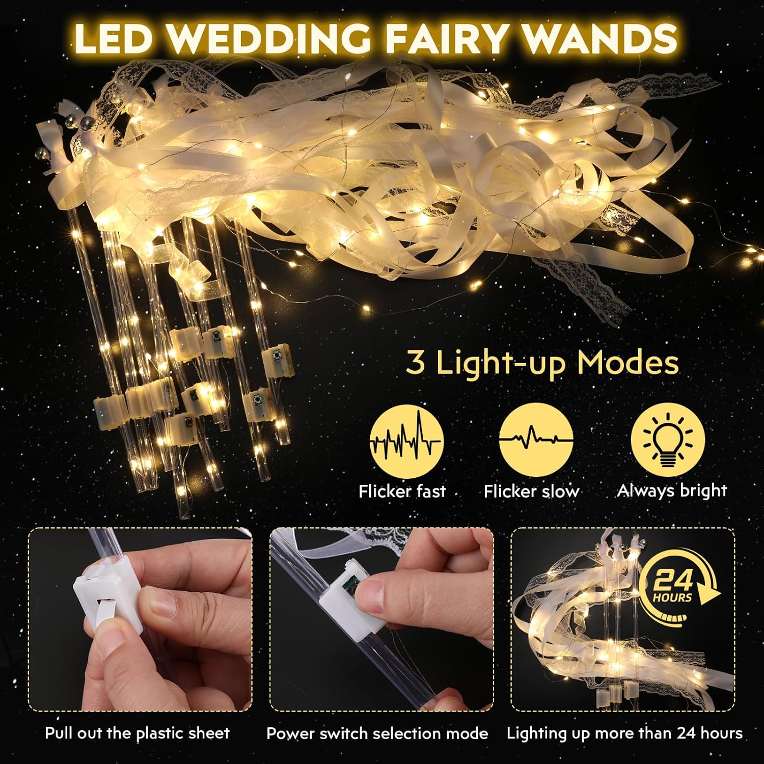 12-60Pcs Light Up Wedding Sparklers LED Wedding Wands Streamers Silk Fairy Wands with Bells for Wedding Birthday Party Supplies