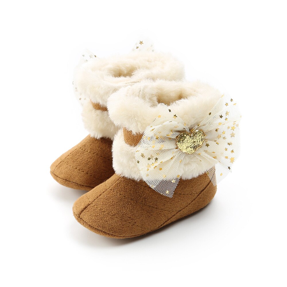 Bottes de neige bébé fille flambant neuf, semelle souple anti-dérapant doublure en fausse fourrure bottines avec mignon Tulle nœud hiver: B / 13-18 mois