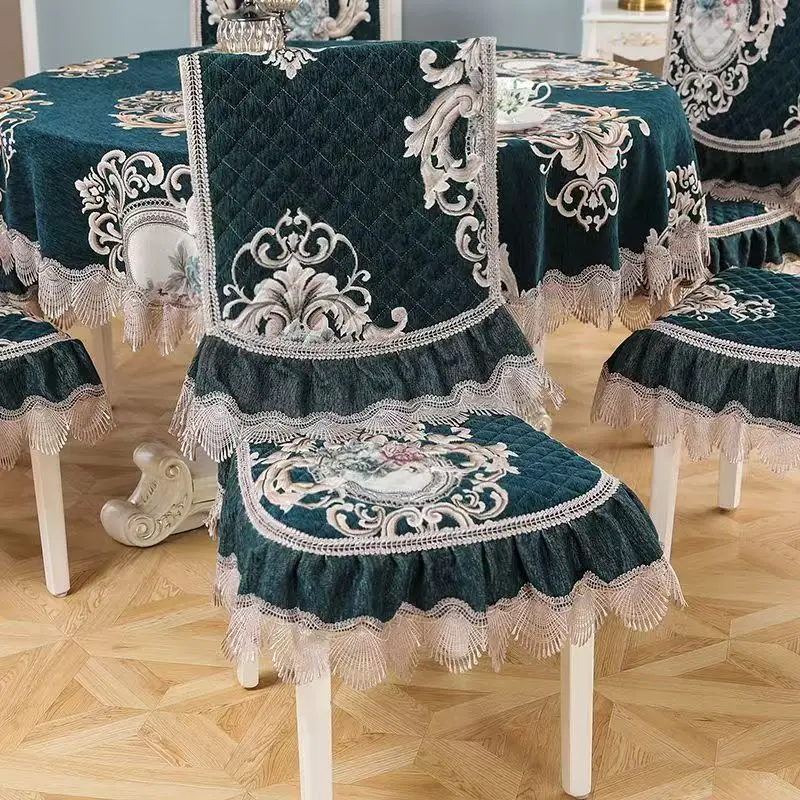 Fluwelen tafelkleed in Europese stijl, verbonden stoelhoes, kanten rand, geïntegreerde krukhoes, rond tafelkleed, verdikt kussen