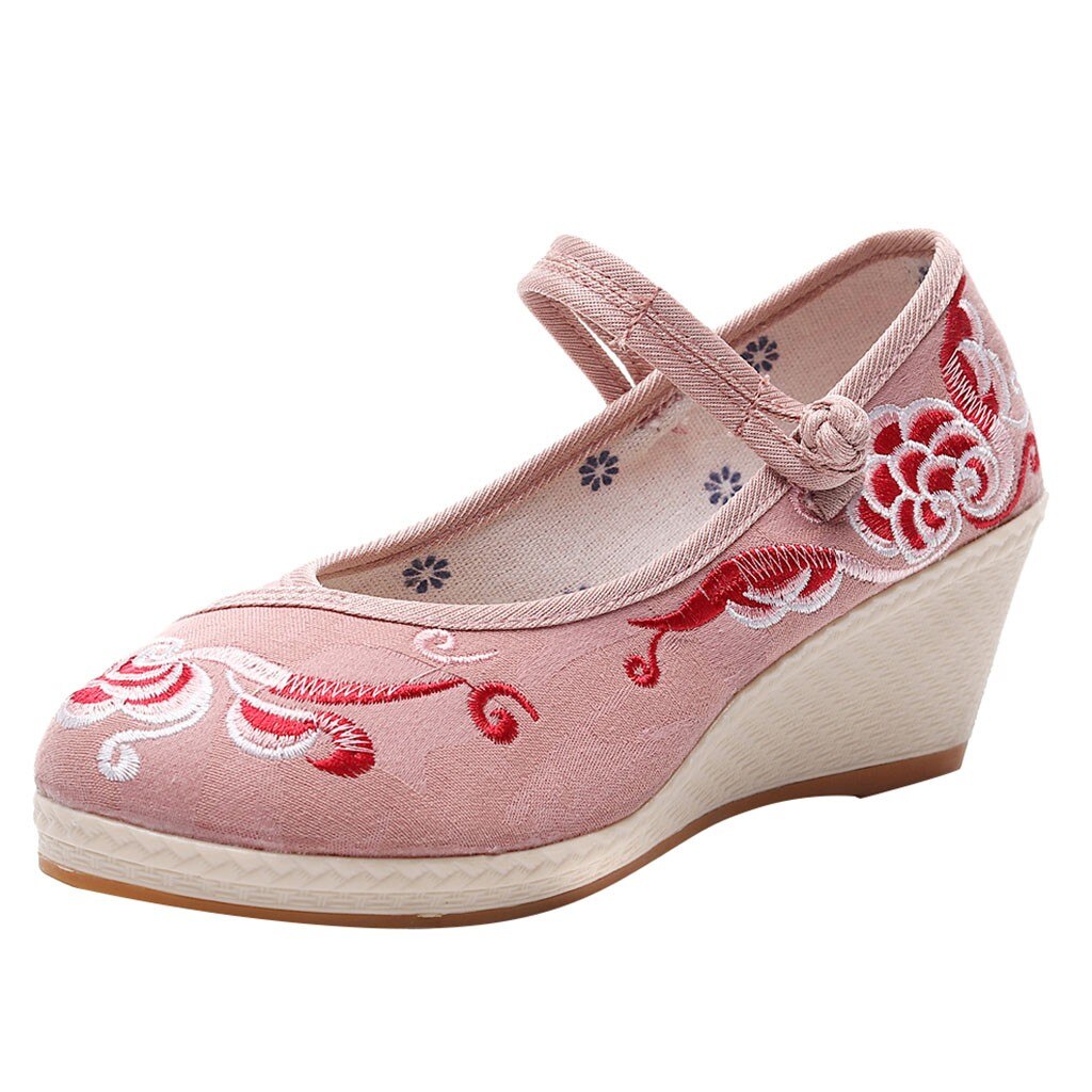Women's Wedges Flowers Embroidered Canvas Shoes Chinese Style Casual Shoes black Folk Flower Embroideried Fabric Wedge shoes#smt: Purple / 5.5