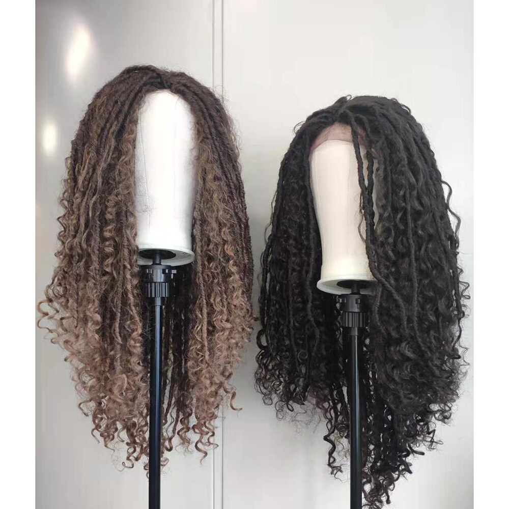 Soku Brown Dreadlocks Braided Wigs Synthetic Lace Frontal Wig with Faux Locs Curly River Crochet Braid Middle Part Braids Wig