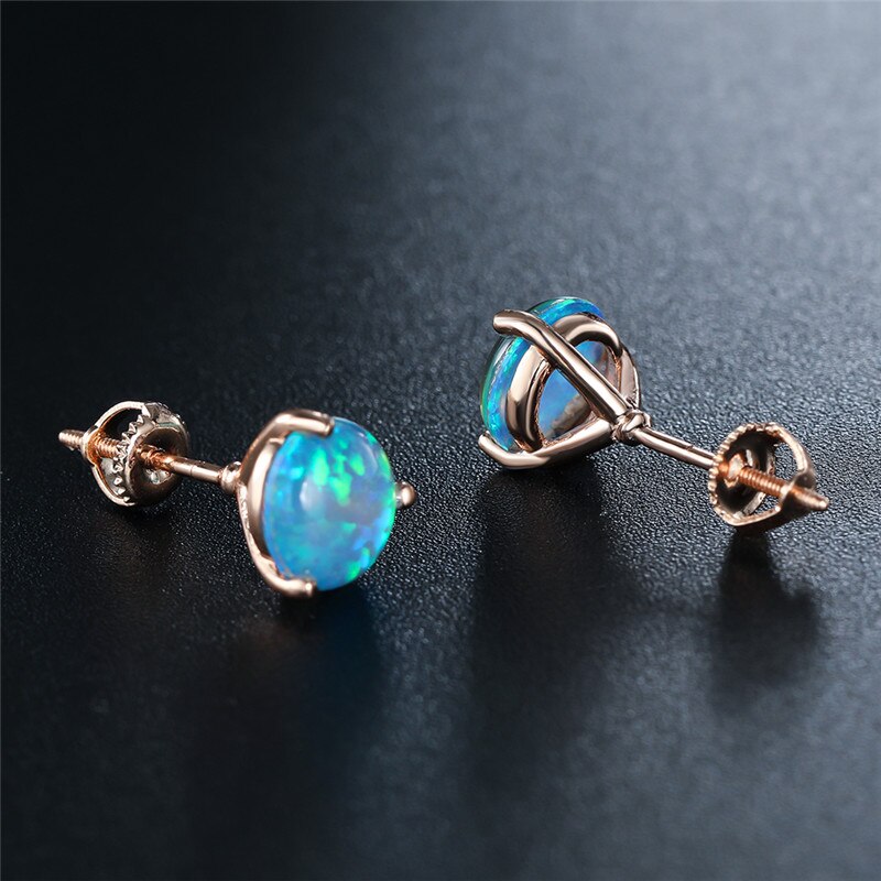 Charm Rose Gold Kleur Bruiloft Oorbellen Klassieke 3 Prong Ronde Steen Oorbellen Blue Fire Opal Kleine Stud Oorbellen Voor Vrouwen sieraden