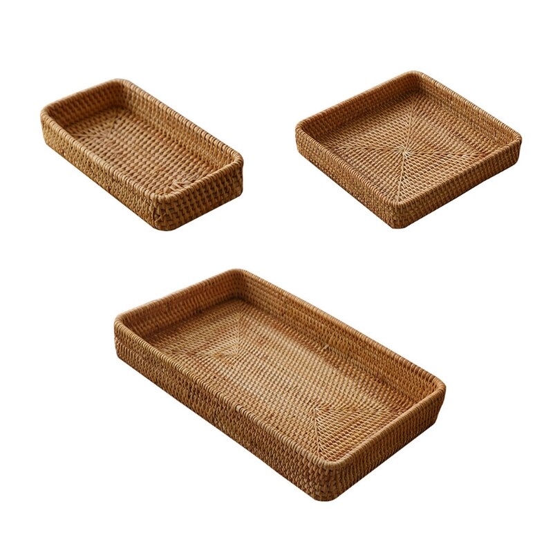 Rattan Storage Basket Rectangular Wicker Hand Woven Fruit Candy Bread Organizer