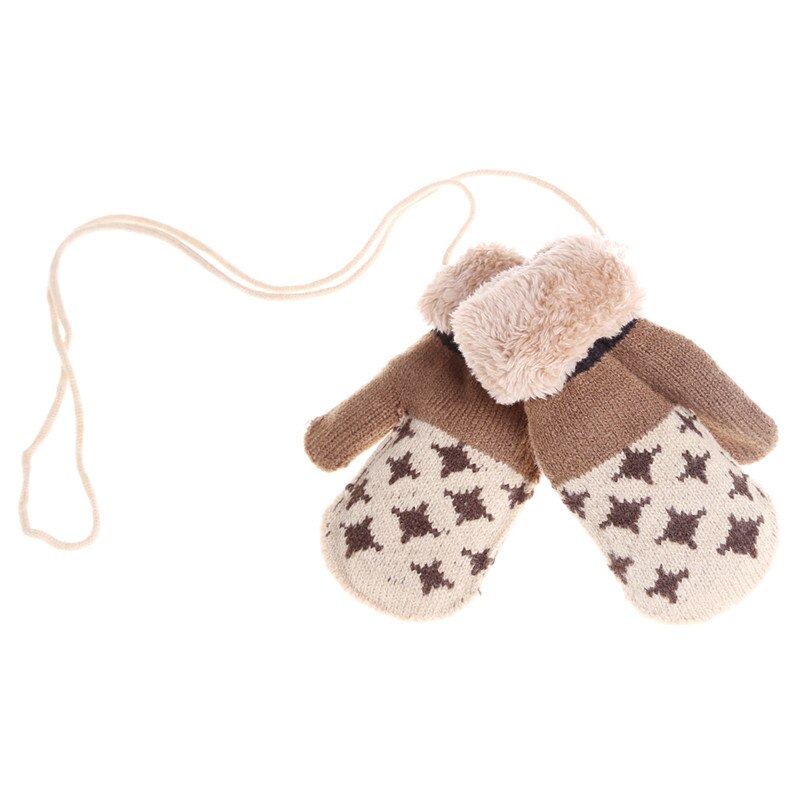 Inverno Del Bambino Guanti Completa Fingers Delle Ragazze Dei Ragazzi Guanto di Lavoro A Maglia Star Modello Guanti Caldi Neonati Guanti Con La Corda: Beige