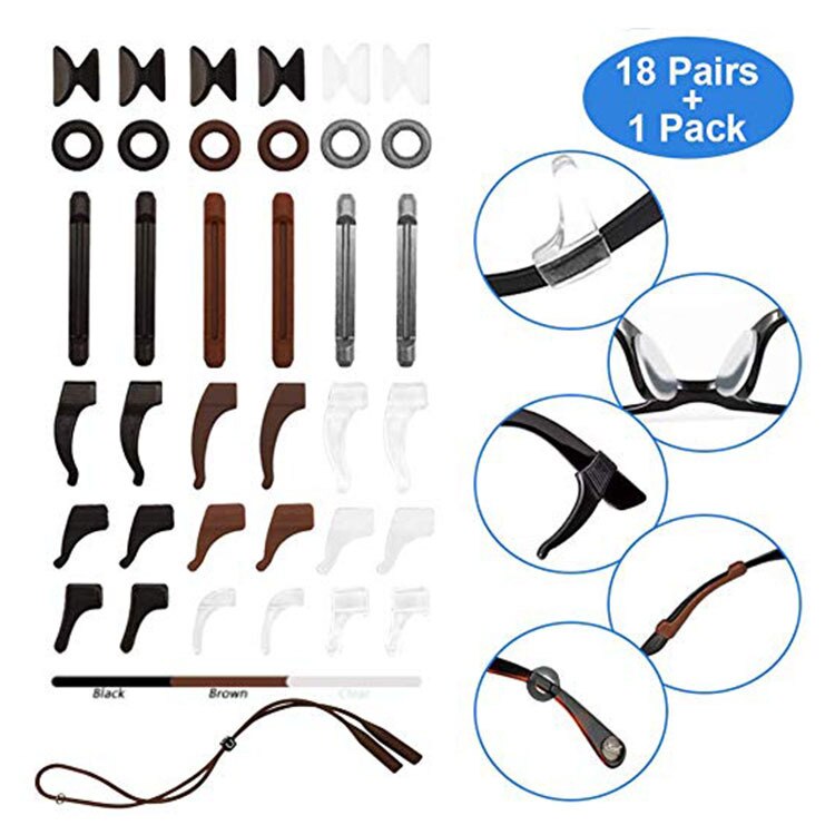 Ensemble d'accessoires de lunettes P011 | Protection antidérapante, cordes de lunettes de réglage, crochet d'oreille rond, Clip d'oreille, ceinture de lunettes: Set 07