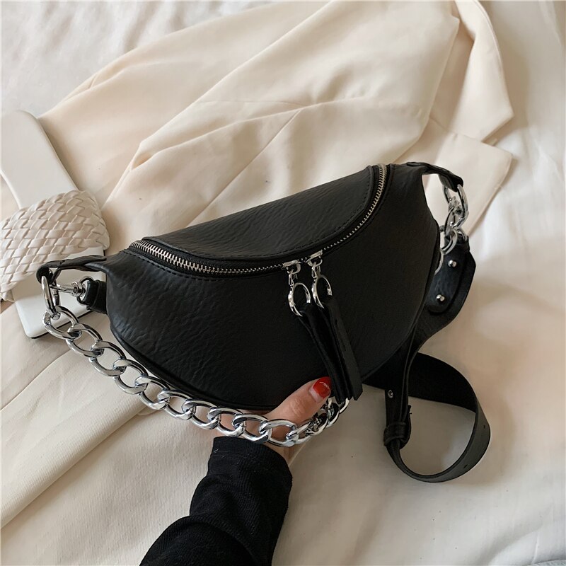 Damer sadeltaske pu læder crossbody taske bryst taske til kvinder kvindelig luksus rejsetaske sølv kæde kvinder taske: Sort