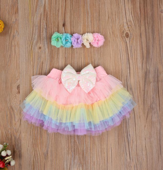 Infantile bébé filles Tutu jupe bandeau coloré Sequin nœud papillon maille couche jupes fleur chapeaux tenue ensembles tissu photographique
