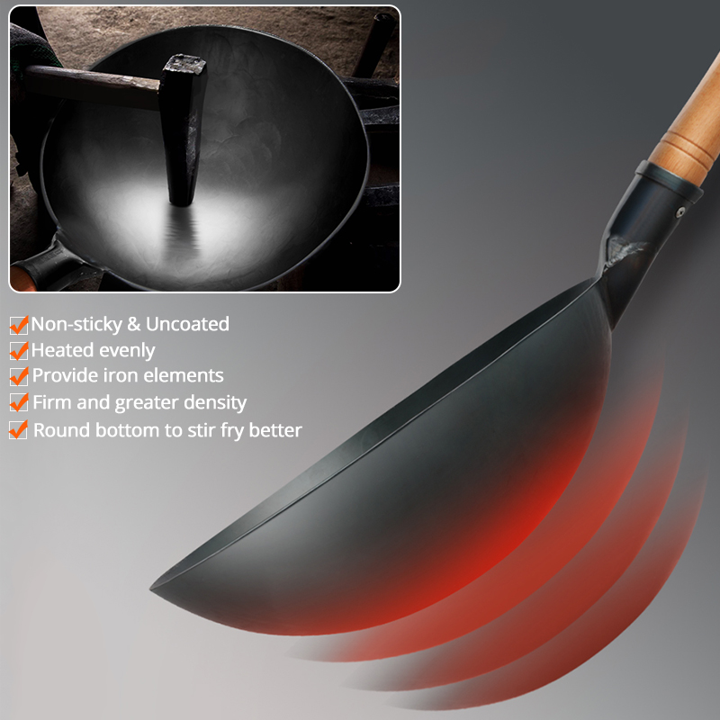 Traditional Handmade 100% Iron Wok Thickening Non Coated Round Bottom Pan Wok Cook Large Cooking Pot Wood Handle Lid